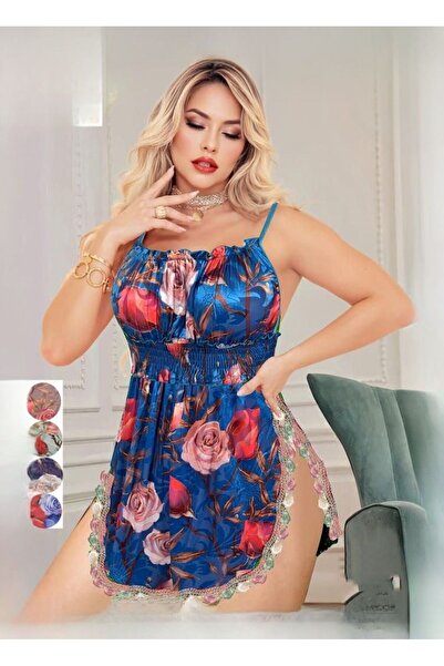 Nice Model طقم ملابس نوم نسائي مثير مكون من قميص نوم قصير مزين بالدانتيل وطبعة ورود