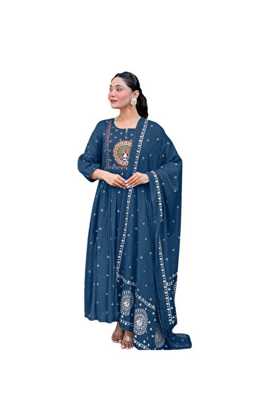 MYSMAR Blue Rayon Salwar Kameez & Dupatta Set - ALV2057 | Blue