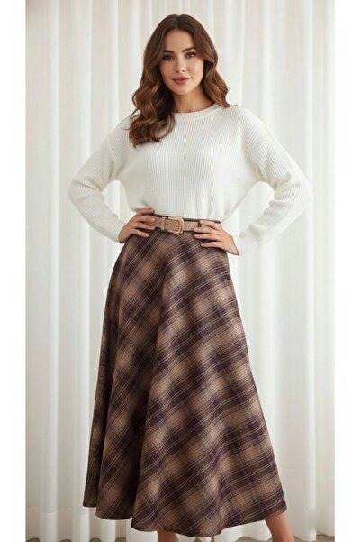 Enga Vera Women's Plaid Print Long Skirt High Waist A-Line Winter Skirt