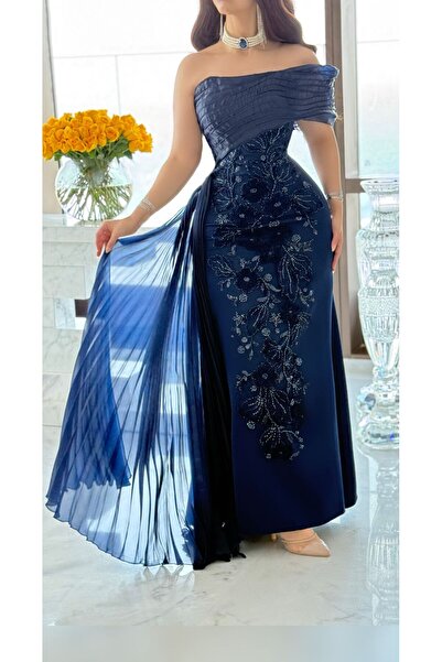 STAYILK DRESSES فستان سهرة كحلي فاخر بتطريز يدوي راقٍ،