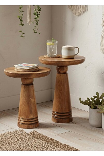 ASELYA HOME Doğal Ahşap 2’li Set Mantar Yan Sehpa Modern Ceviz Renk Fiskos Zi...