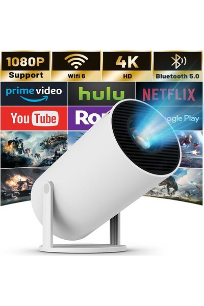 NEONI جهاز عرض صغير - واي فاي 6 وبلوتوث، دقة عرض أصلية 1080 بكسل، يدعم دقة 4K، سطوع 600 ANSI، قابل للدوران 180 درجة، تلقائي