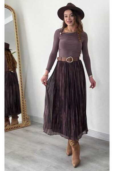 Şamdan Fusta din șifon căptușită cu model cu centură