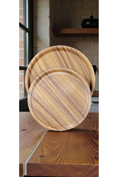 AR Plastic serving plates in a wood color, set of 2 round pieces