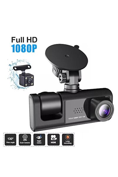 DoMad® Cameră auto DVR pentru bord cu 3 obiective Full HD 1080P, cameră spate, unghi 170°, ecran IPS de 2"