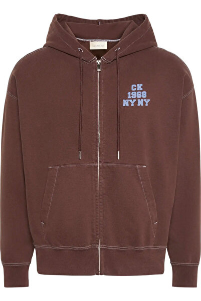 Calvin Klein LS WASHED PREMIUM VINTAGE LOGO F Erkek Kahverengi Fermuarlı Swea...