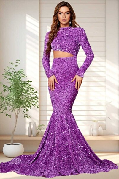 JustFab "✨ Elegant Purple Sequin Mermaid Evening Dress – Long Sleeve Backless Cut-Out Formal Gown✨ "