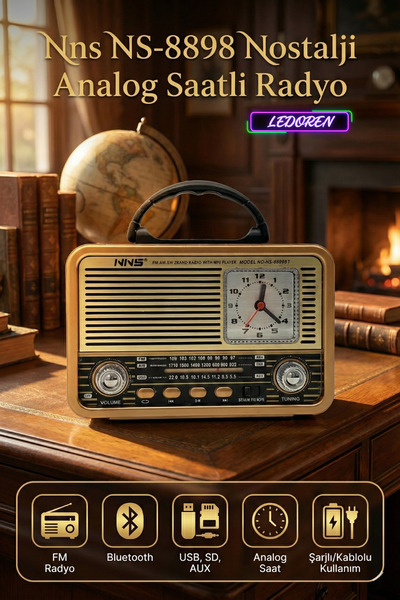 L'eDoren NS-8898BT Nostaljik Radyo Analog Saatli FM Radyo Bluetooth Hoparlör ...