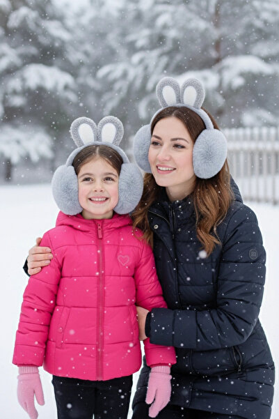 PRVT Kız Çocuk Gri Tavşan Kulaklı Peluş Kulaklık – Yumuşak Kışlık Kulak Isıtıcı, Soğuk Geçirmez