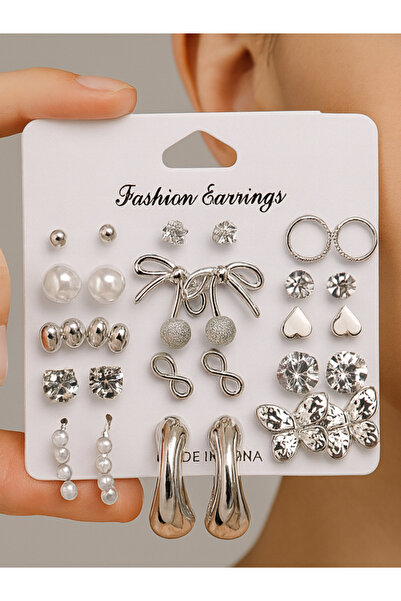 MRK Kadın 30'lu Kombin Halka Küpe İnci 15 Çift Set Çoklu Küpe