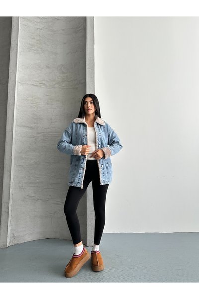 SOLİS MODA Kadın Mavi Denim Detaylı Peluş Ceket Mont