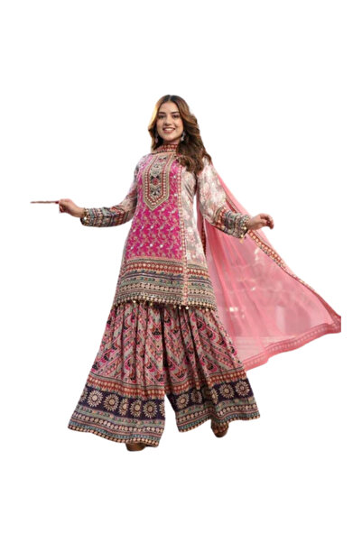 MYSMAR بلوزة بالازو وردية اللون من قماش جورجيت صناعي مع شال - HRT2485 | وردي