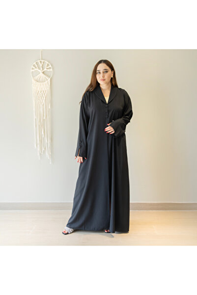 LINELLE عباية سوداء نسائية - ياقة شال مزينة بأزرار