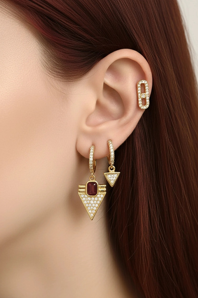 PRVT YSX Kadın 14K Altın Kaplama Çelik Küpe – Taşlı Üçgen Tasarım, Kuyum İşçi...