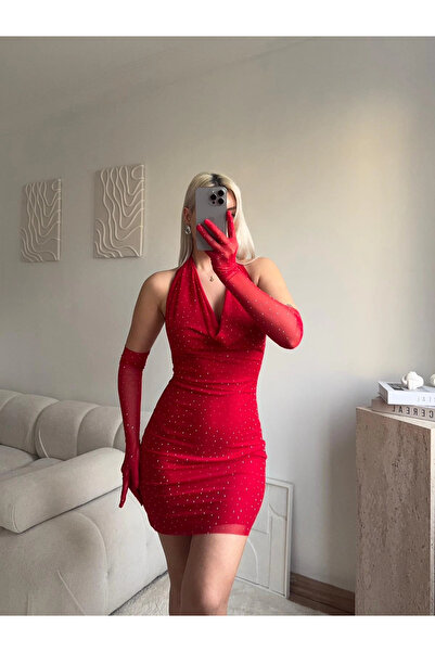 Zora Butik Taşlı Eldivenli Elbise - KIRMIZI