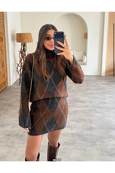 Bak'ap Premium Trend Baklava Patterned Sweater-Skirt 2-Piece Knitwear Wool Set