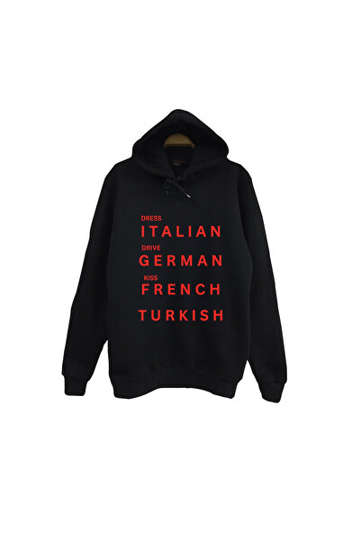 fame-stoned Dress Italian Drive German Kiss French Turkish Printed Unisex %100 Cotton Hooded Black Sweatshirt