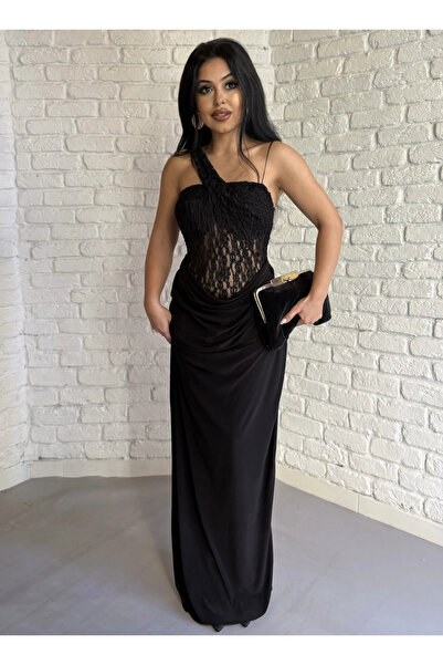 moneta boutique Rochie lungă drapată cu detaliu din dantelă pentru femei