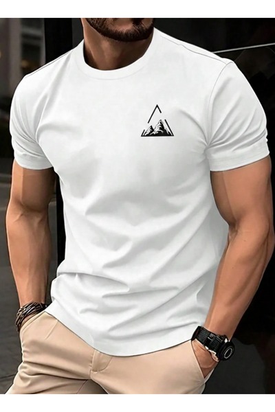 one button Tricou unisex cu design Triangle Mountain Chest, cu gât rotund, 10...