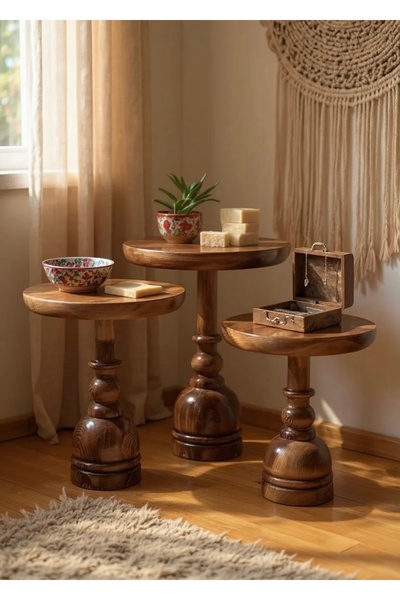 ASELYA HOME Doğal Ahşap 3’lü Set Mantar Yan Sehpa Modern Fiskos Zigon Çiçeklik