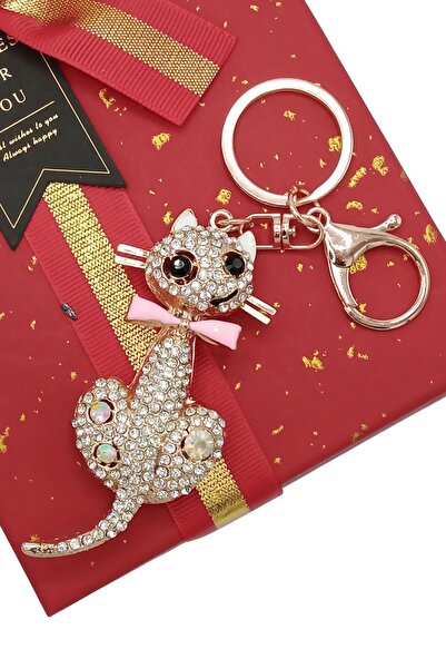 Dünyadan Hediyeler Crystal Stone Pink Bow Tie Cat Keychain No.1