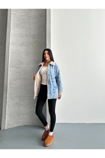 SOLİS MODA Kadın Mavi Denim Detaylı Peluş Ceket Mont