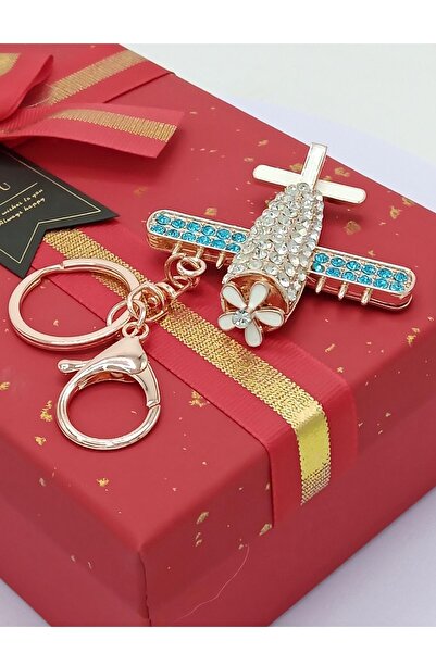 Dünyadan Hediyeler Crystal Stone Blue Winged Airplane Keychain No.1