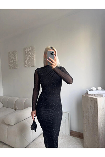 Zora Butik Drapeli Taşlı Tül Elbise - SİYAH