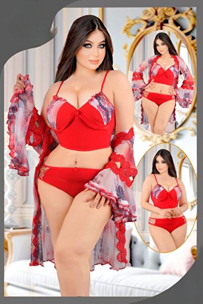 Nice Model Romantic Lingerie Robe Set Floral Chiffon Lace Trim 3PC Bridal Sle...