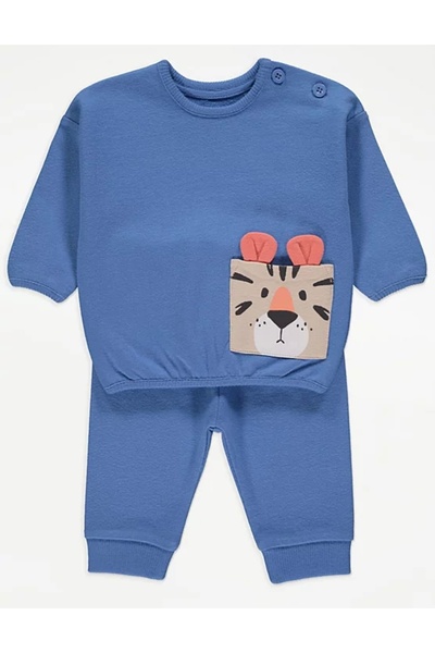 Çipil Blue Tiger Patterned Sweatshirt and Sweatpants Set with Pocket Detail