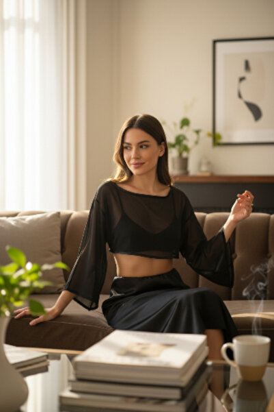 SADECE SEN DE Tasarım crop bluz/top/siyah şifon/kısa