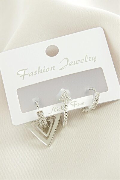 ZERO LAND 1593541739 3 Pieces Arrow Zircon Stone (144135) Earrings-Silver Color