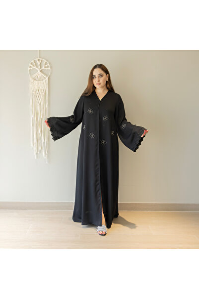 LINELLE عباية سوداء للنساء - بفتحة رقبة على شكل حرف V، وقصة مستقيمة