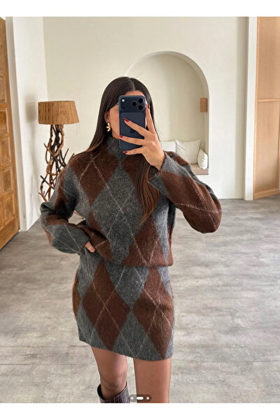 Bak'ap Premium Trend Baklava Patterned Sweater-Skirt 2-Piece Knitwear Wool Set