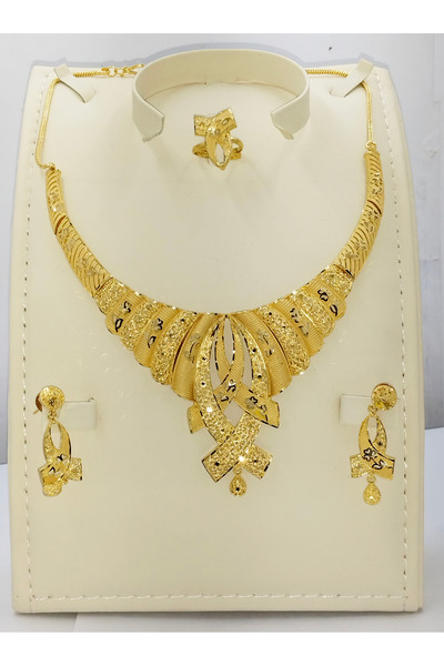 Generic Gold Plated Layered Ribbon Choker Necklace, Earrings & Ring Set (4 Pcs) for Women