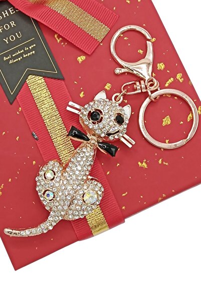Dünyadan Hediyeler Crystal Stone Black Bow Tie Cat Keychain No.3