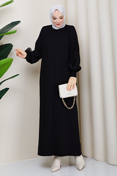 Pamuk Butik Women's Mercerized Knitwear Dress with Rose Detail on the Sleeves