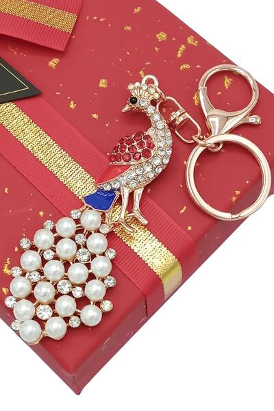 Dünyadan Hediyeler Crystal Stone Red Peacock Keychain No.2