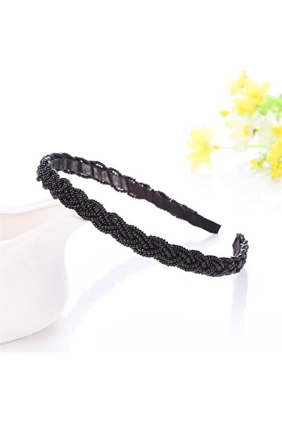 Pelin Aksesuar Black Crystal Beaded Braided Patterned Crown