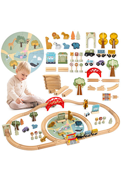 mamabrum Wooden train for the zoo – puzzle, train, tracks, animals, bridge, barrier