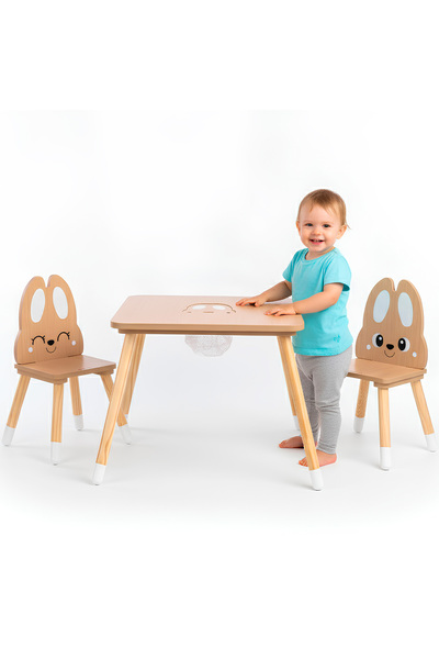 mamabrum Masă din lemn cu depozitare și 2 scaune Set pentru copii - Iepure drăguț