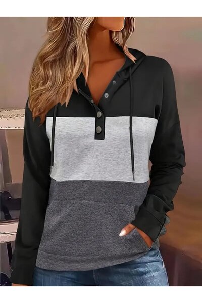 UP TREND COLLECTION Women's Long Sleeve Hooded Multi-Colored Two Thread Blouse