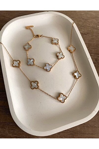GenelTedarik Gold Beyaz Van Cleef Kolye Bileklik Set