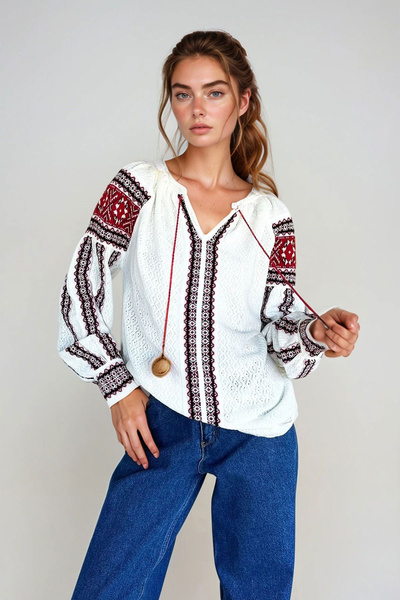 bacc Γυναικεία κόκκινη πλεκτή μπλούζα με έθνικ σχέδιο BCHESQ-251019