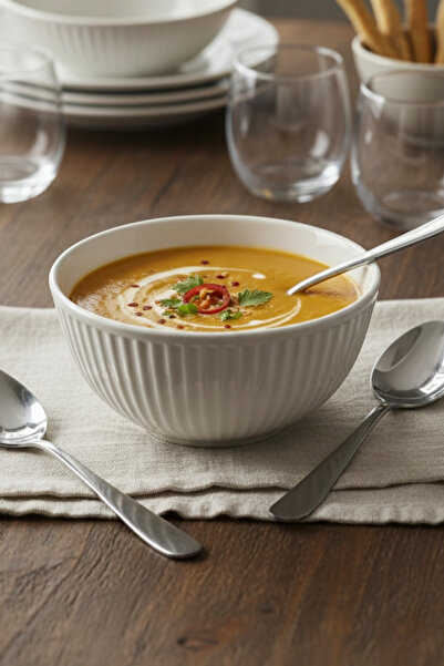 EVCİME Beyaz Çizgi Desenli 6'lı Çok Amaçlı Kase Takımı - Çorba, Meyve, Çerez,...