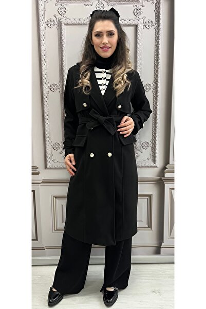 styleFlex Elegant Coat in Striped Fabric with Lining and Gold Buttons