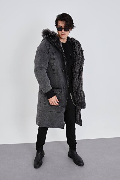İKONAMODA Kürklü Antrasit Denim Uzun Mont Kaban