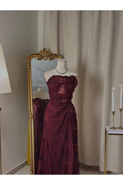 vanus fashion 6261- فستان دانتيل برغندي فاخر