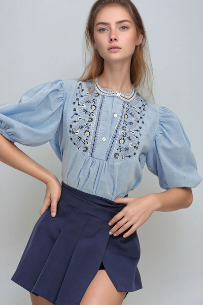 bacc Bluză pentru femei, albastră, cu broderie cu nasturi, BCHESQ-251014