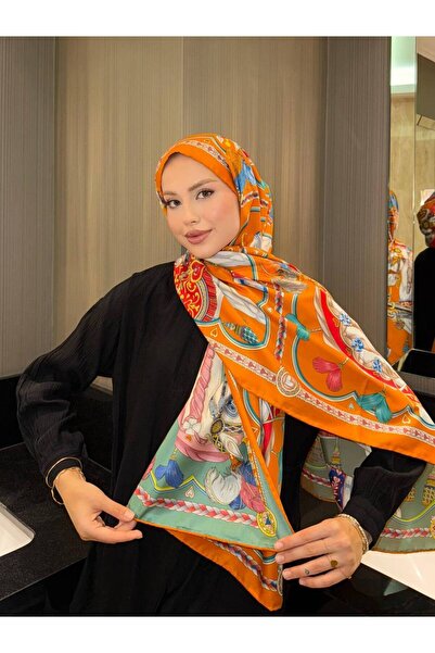 Dolce Orange Patterned Silk-Look Shawl – Vibrant Color Satin Scarf, Stylish and Modern Design
